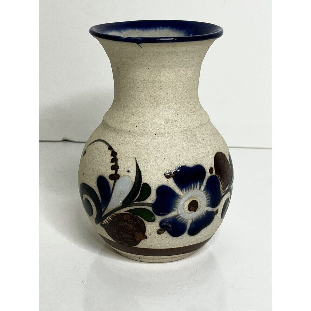 Handmade Tonala Signed Floral Pottery Vase Made In Mexico 5 1/2" Tall‎
